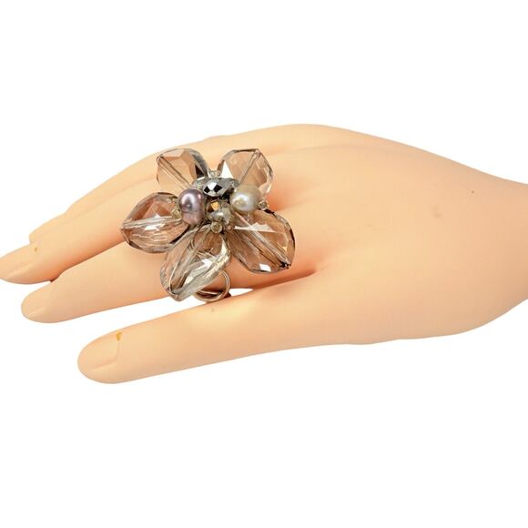 Glass Flower Statement Ring Sz 7 Bead Silver Cottagecore - Picture 8 of 15